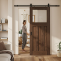 Premium Internal Fully Finished Clear Glass Sliding Door with Black Steel Track and Rich Walnut Finish