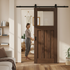 Premium Internal Fully Finished Clear Glass Sliding Door with Black Steel Track and Rich Walnut Finish