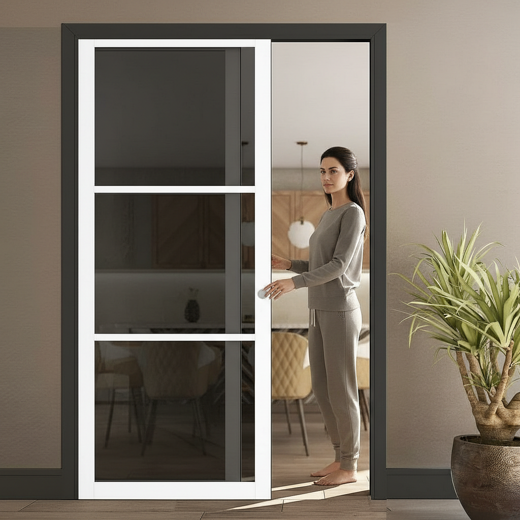 Premium White Tinted Glazed Pocket Door Set with Adjustable Frame and Heavy Duty Steel Construction
