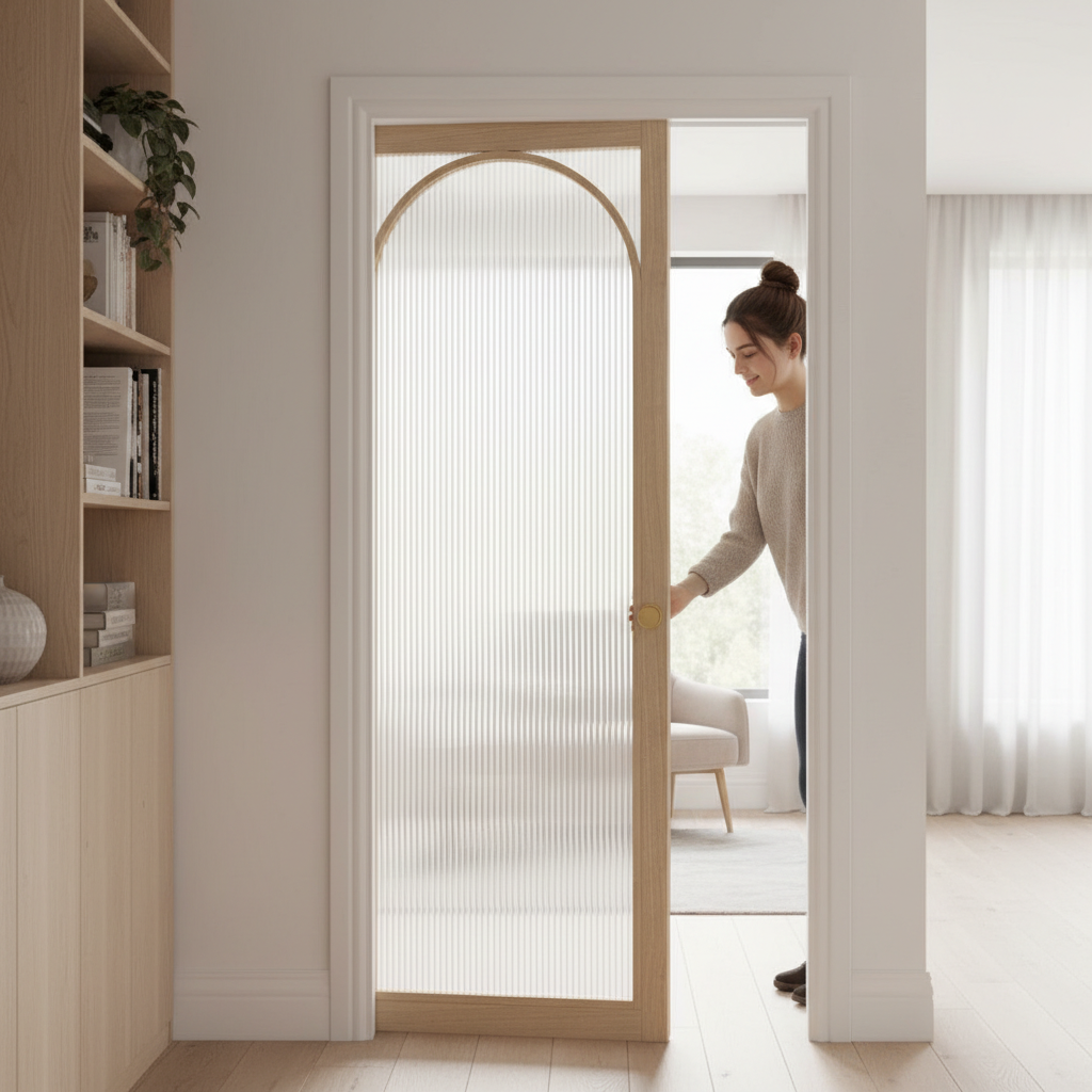 Premium Reeded Glazed Arched Pocket Door System with Galvanised Steel Frame and Adjustable Jambs for Seamless Installation