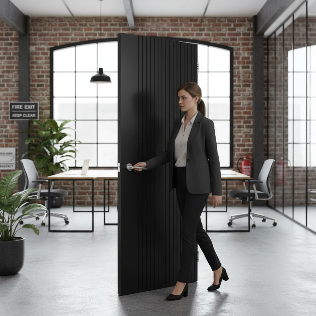 Premium Black Slatted Fire Door with Minimalistic Design and Solid Core for Modern Spaces