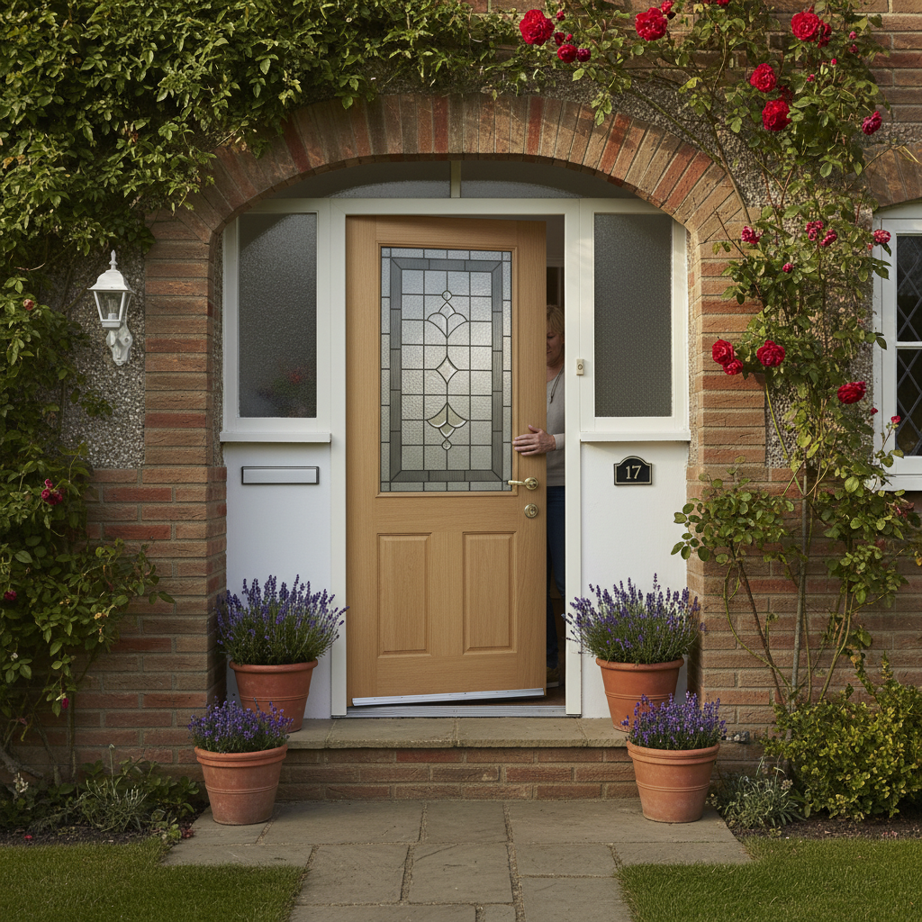 Premium Oak Winchester External Door with Decorative Glazing and Engineered Construction for Strength and Stability