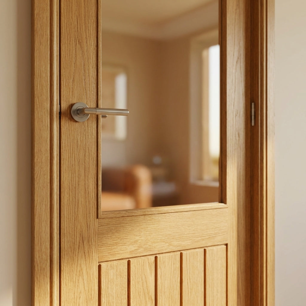 Oak Internal Door Fully Finished with Clear Obscure Lined Glass - detail view