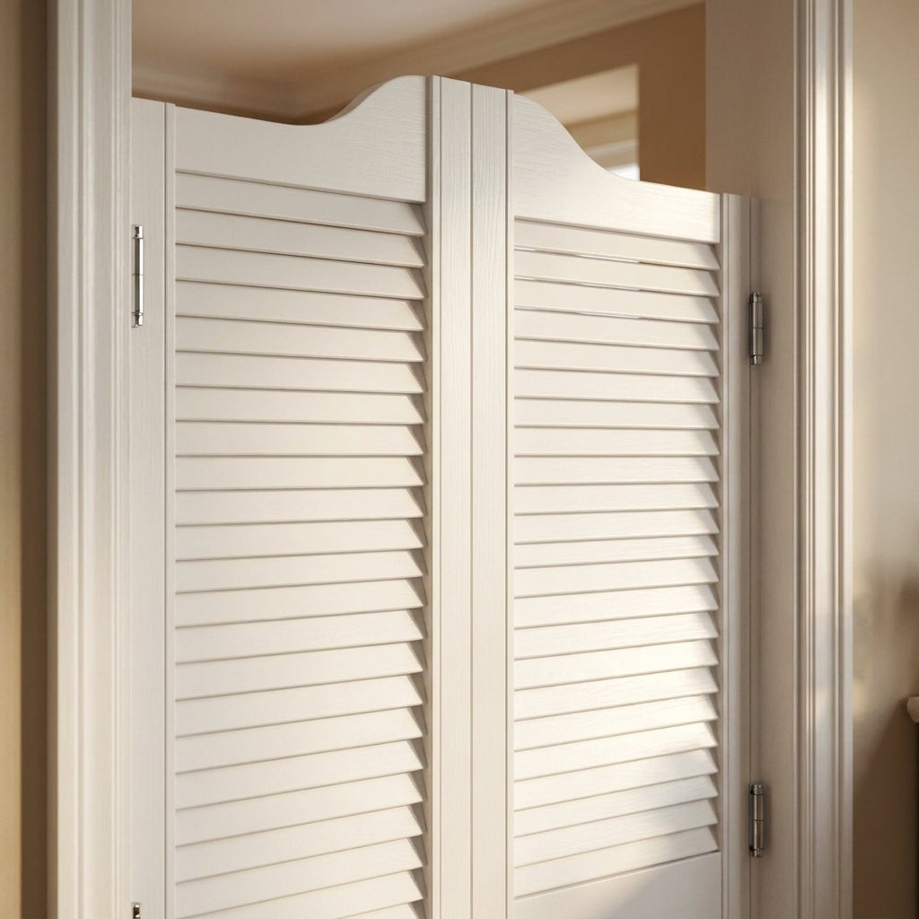 28mm Thick White Painted Cafe Style Louvre Door Pair with 5mm Gap - detail view
