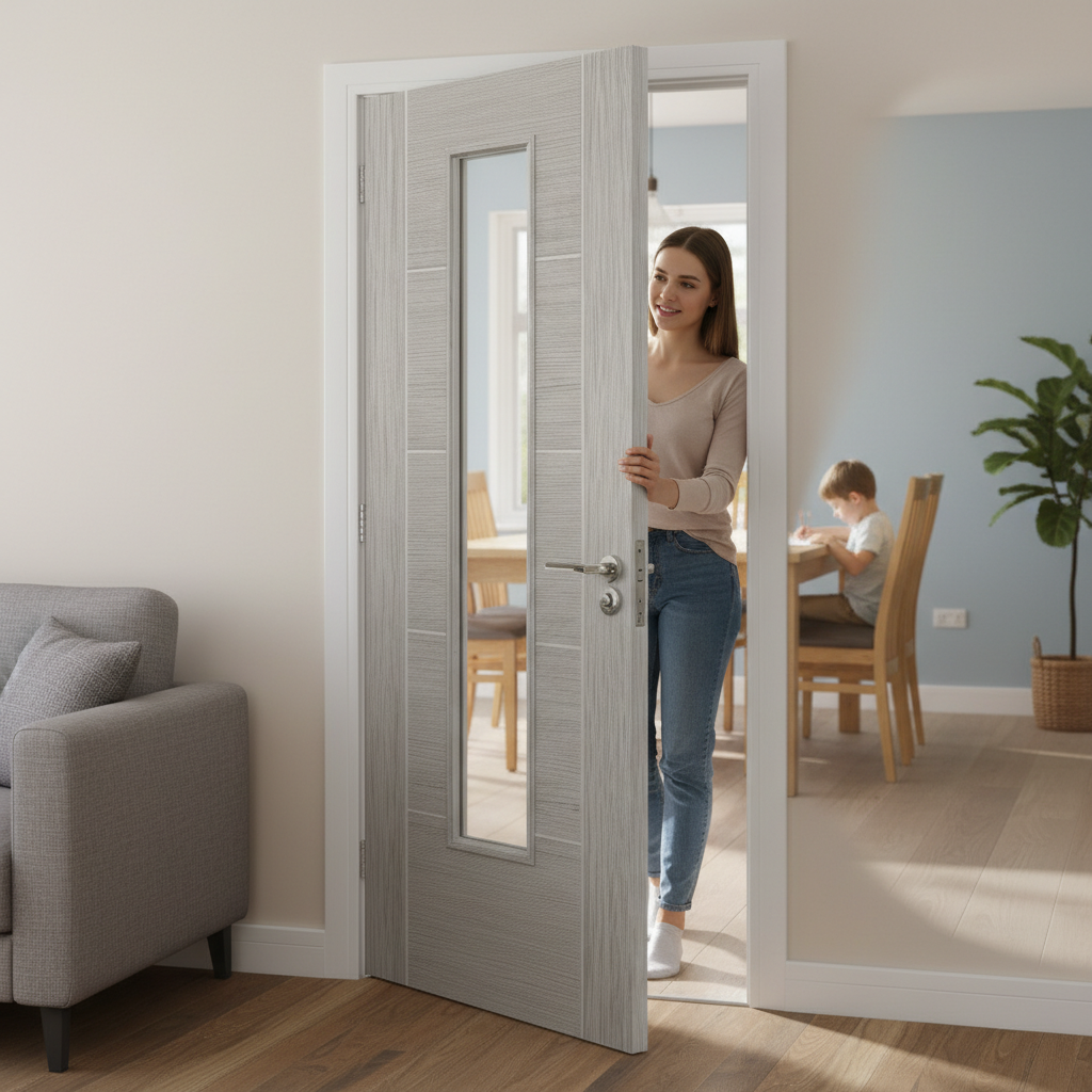 Premium Light Grey Laminate Internal Door with Clear Glazed Panel and Modern Grooved Design