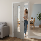 Premium Light Grey Laminate Internal Door with Clear Glazed Panel and Modern Grooved Design
