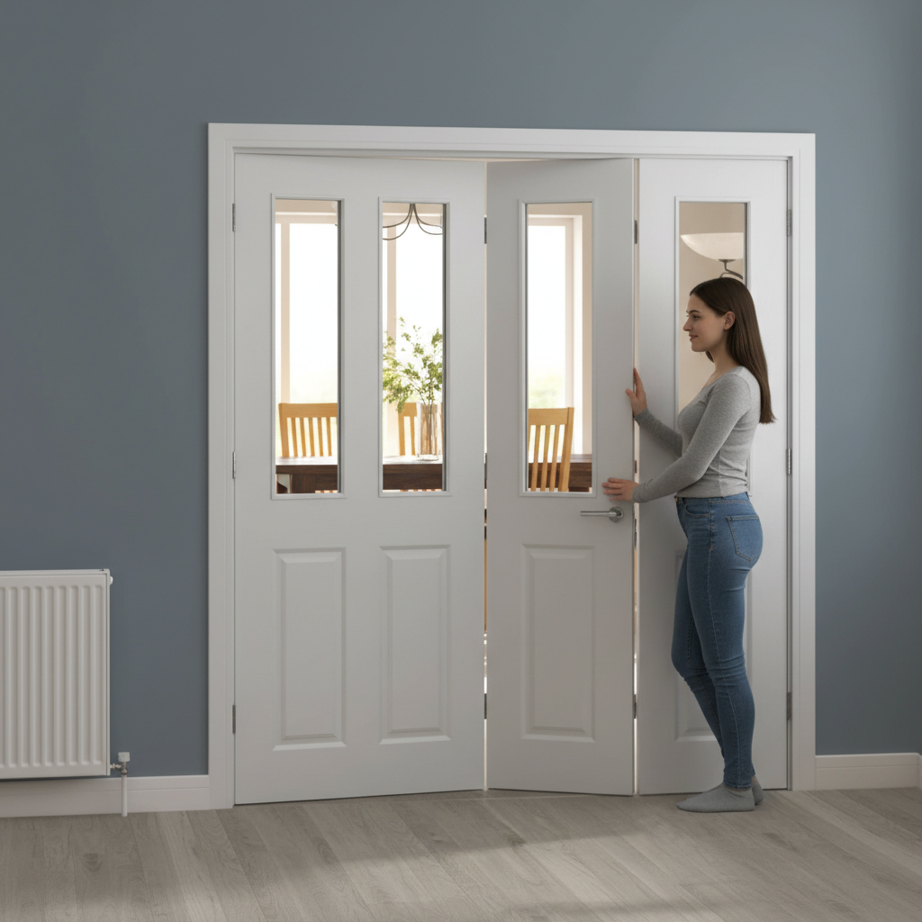Premium White Moulded Glazed Bifold Door with Clear Safety Glass and Grained Finish