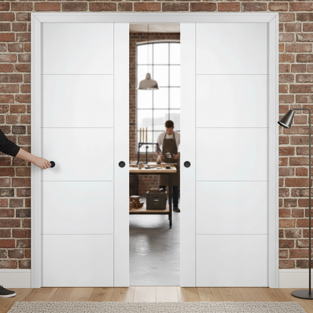Premium 5 Panel Double Pocket Door Set with Galvanised Steel Frame and Adjustable Jambs for Space Saving Design