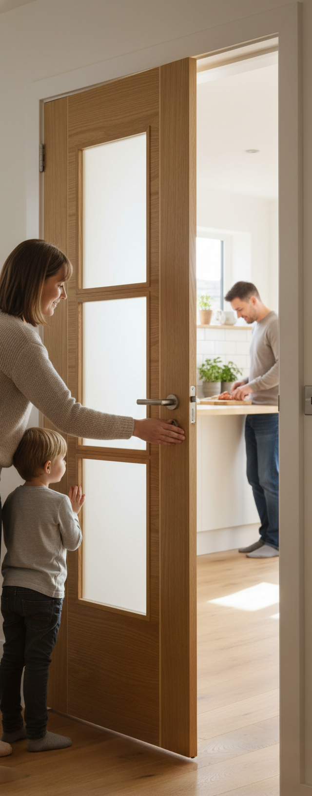 Premium Contemporary Fully Finished Oak Mirage 3 Light Clear Glazed Fire Door with Ash Inlays and Cross Veneers