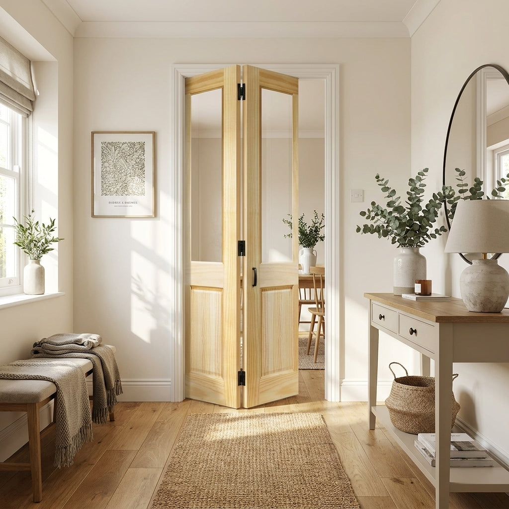 Internal Bi-Fold Door, Clear Pine, Unfinished, Malton 4 Panel, 2 Light Glass