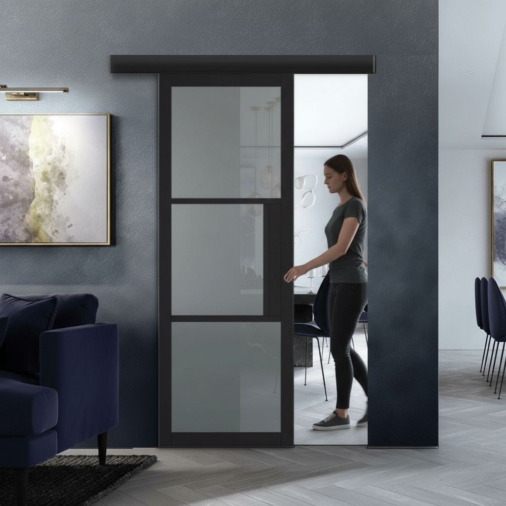Premium Tinted Glazed Sliding Door Set with 2m Anodized Aluminium Track and Wall-Mounted Pelmet Kit