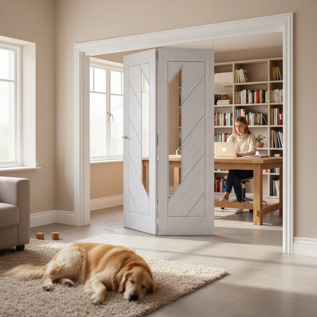 Premium Clear Glazed Bi-Folding Room Divider with Top Hung System and Various Configurations for Flexible Space Management