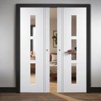 Premium Glazed White Double Pocket Door Set with Steel Frame and Adjustable Track for Space-Saving Design