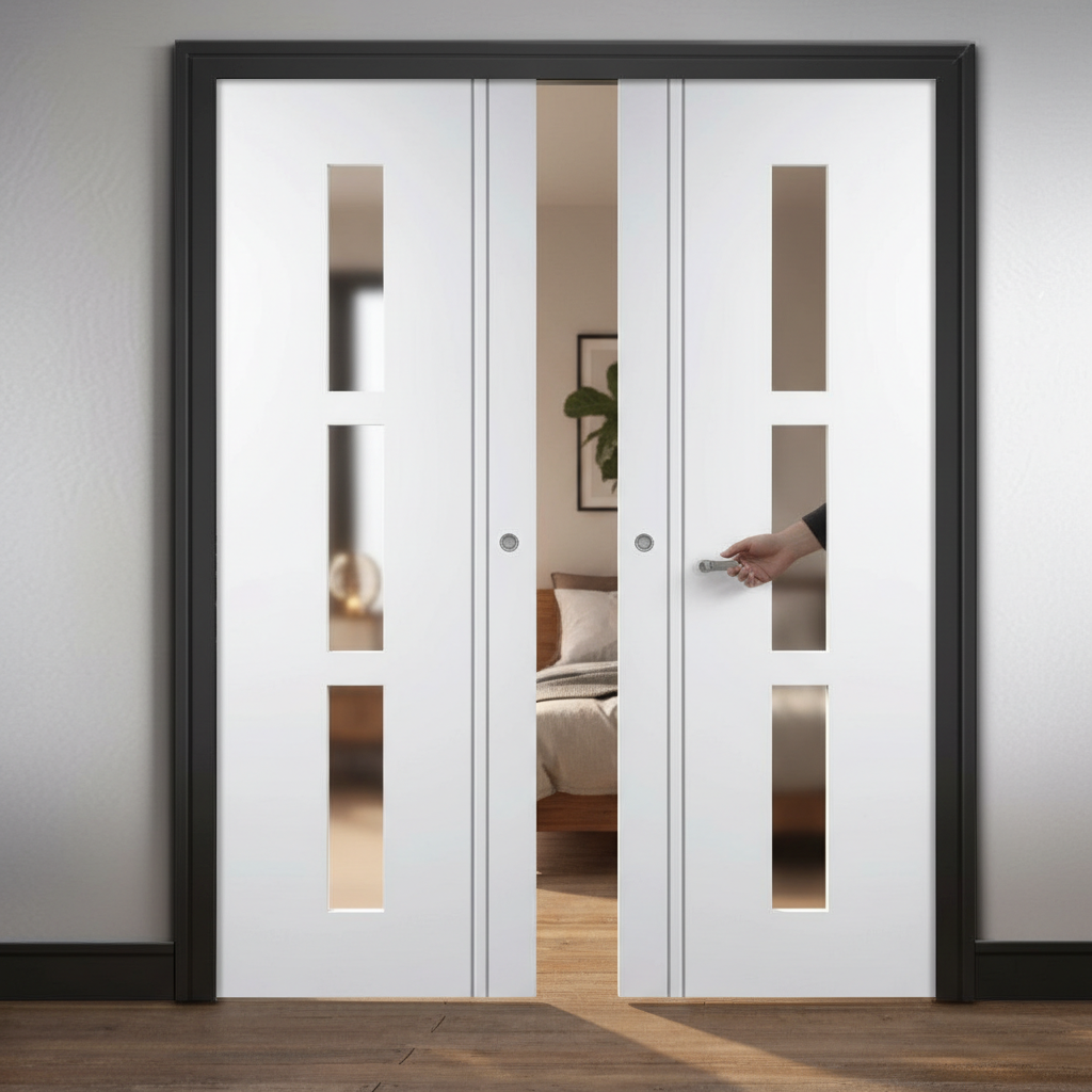 Premium Glazed White Double Pocket Door Set with Steel Frame and Adjustable Track for Space-Saving Design