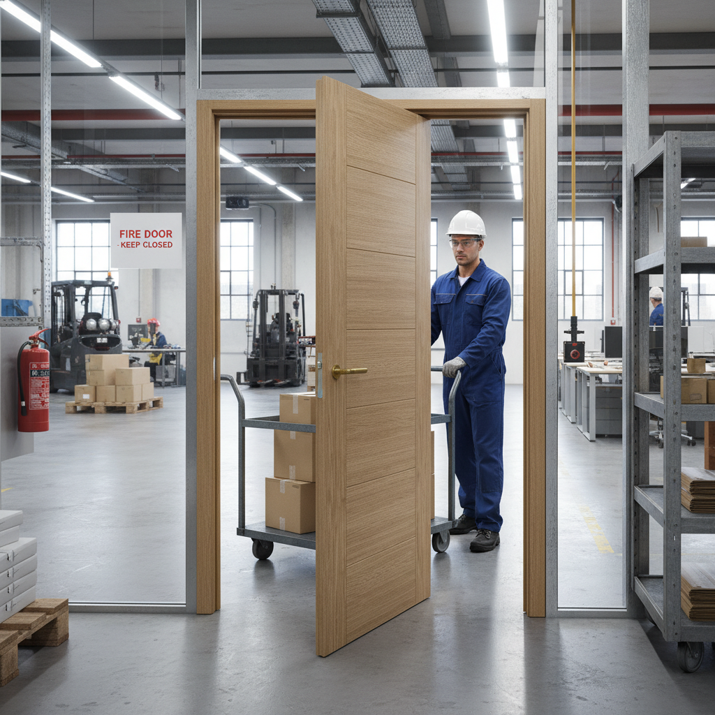 Premium Contemporary Oak Fully Finished Fire Door with 7 Mid-Panels and Solid Core Construction for Strength and Stability