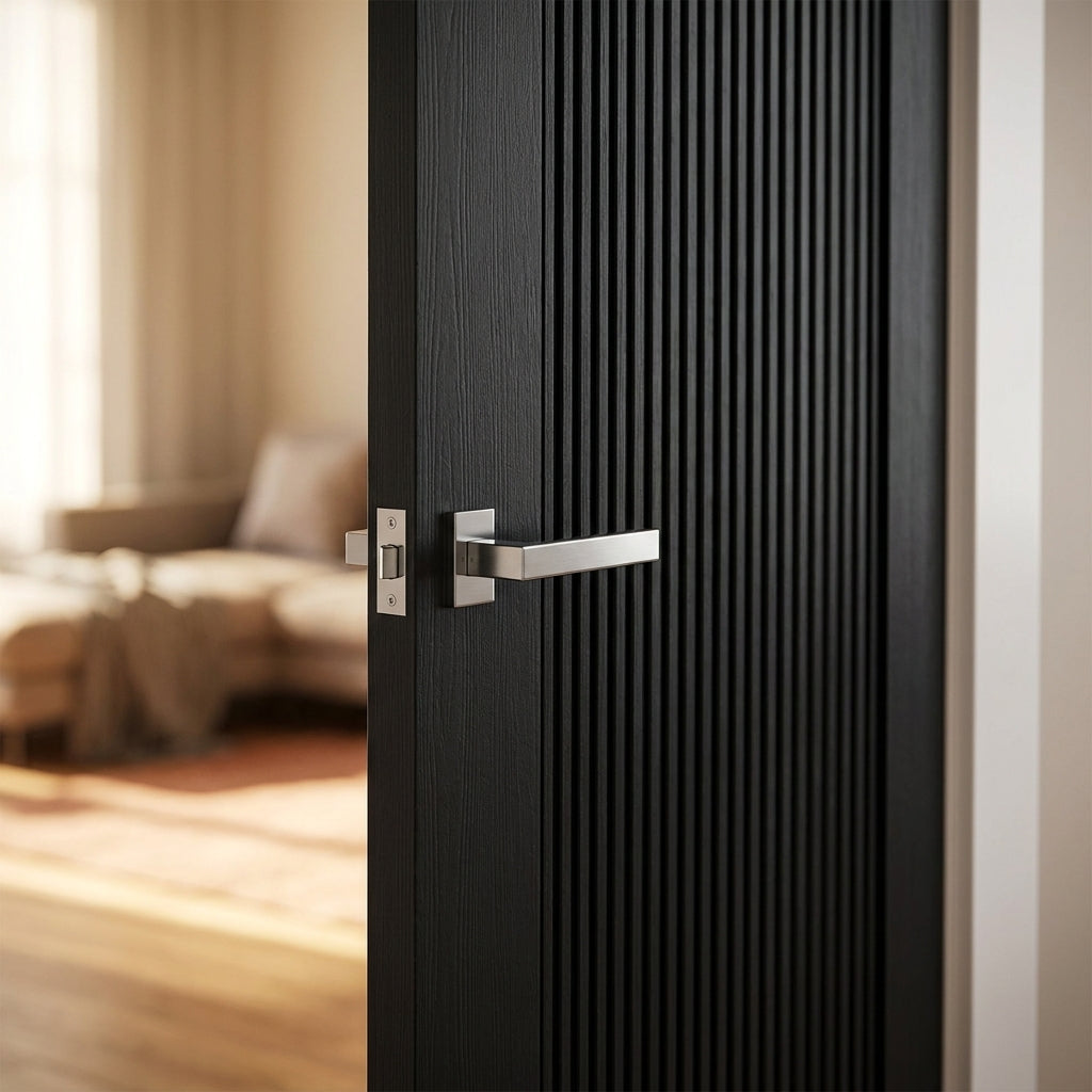 Fully Finished Black Internal Door with 10 Fluted Panels and Solid Engineered Core - detail view