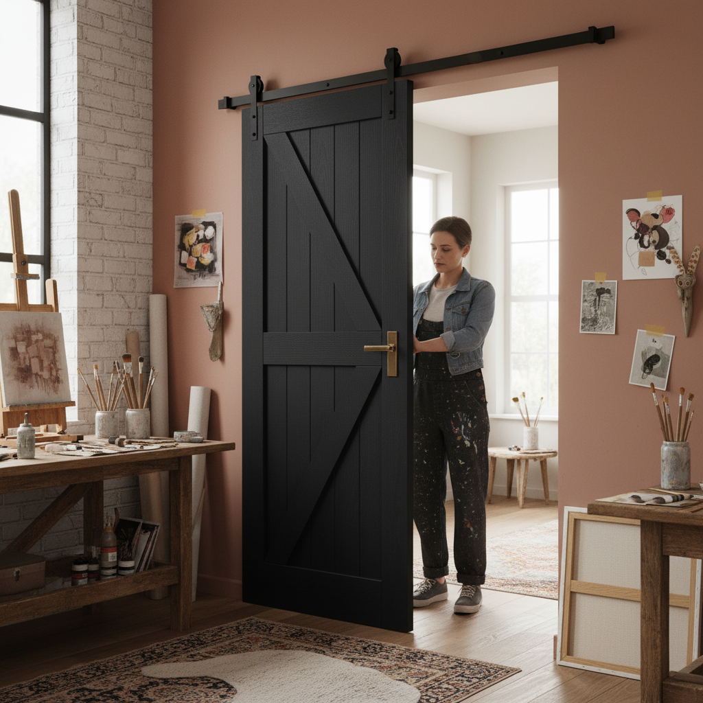 Premium Internal Fully Finished Oak Barn Door with Elegant Black Finish and Durable Construction for Stylish Home Entryways