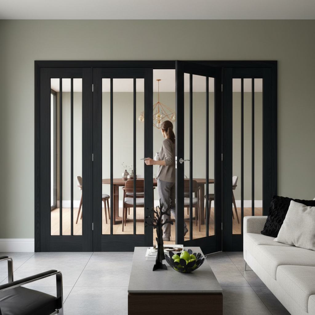 Premium Clear Glazed Brushed Black Oak French Doors with Side Panels for Elegant Room Dividing and Custom Finishing Options