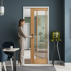 Unfinished Oak Pocket Door Set with 3 Clear Glass Panels for Modern Interiors and Space Optimization - Image 2