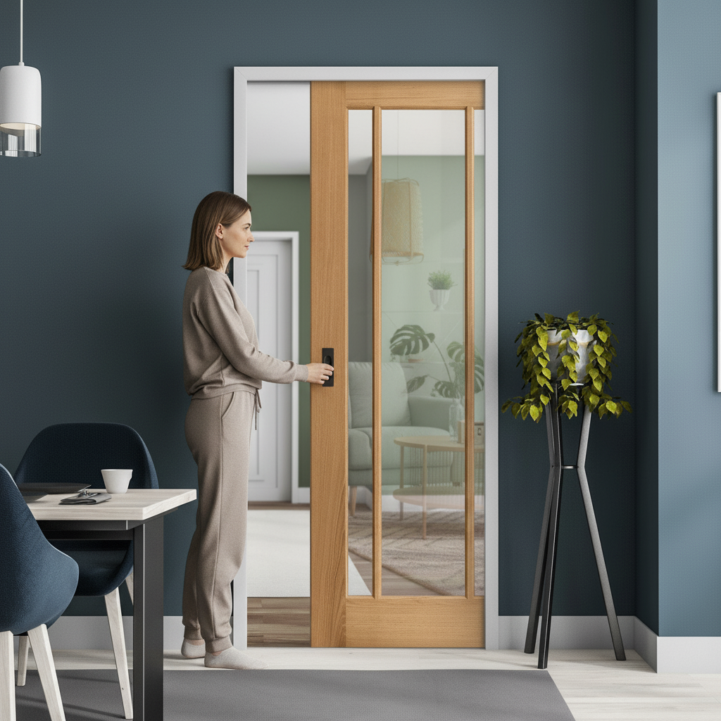 Unfinished Oak Pocket Door Set with 3 Clear Glass Panels for Modern Interiors and Space Optimization - Image 2