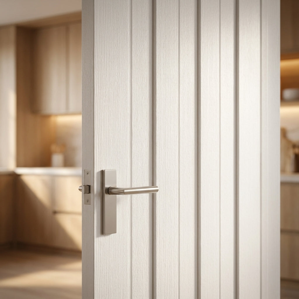 Internal White Primed Ashton 3 Panel Door, Made-to-Measure, Solid Core - detail view