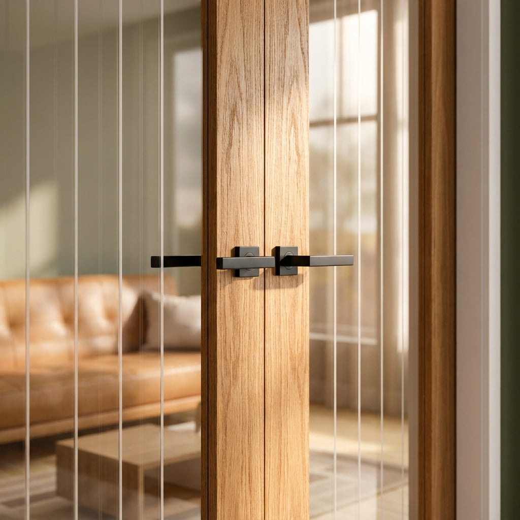 Internal Oak French Door Fully Finished 1 Light Obscure Glazing - detail view