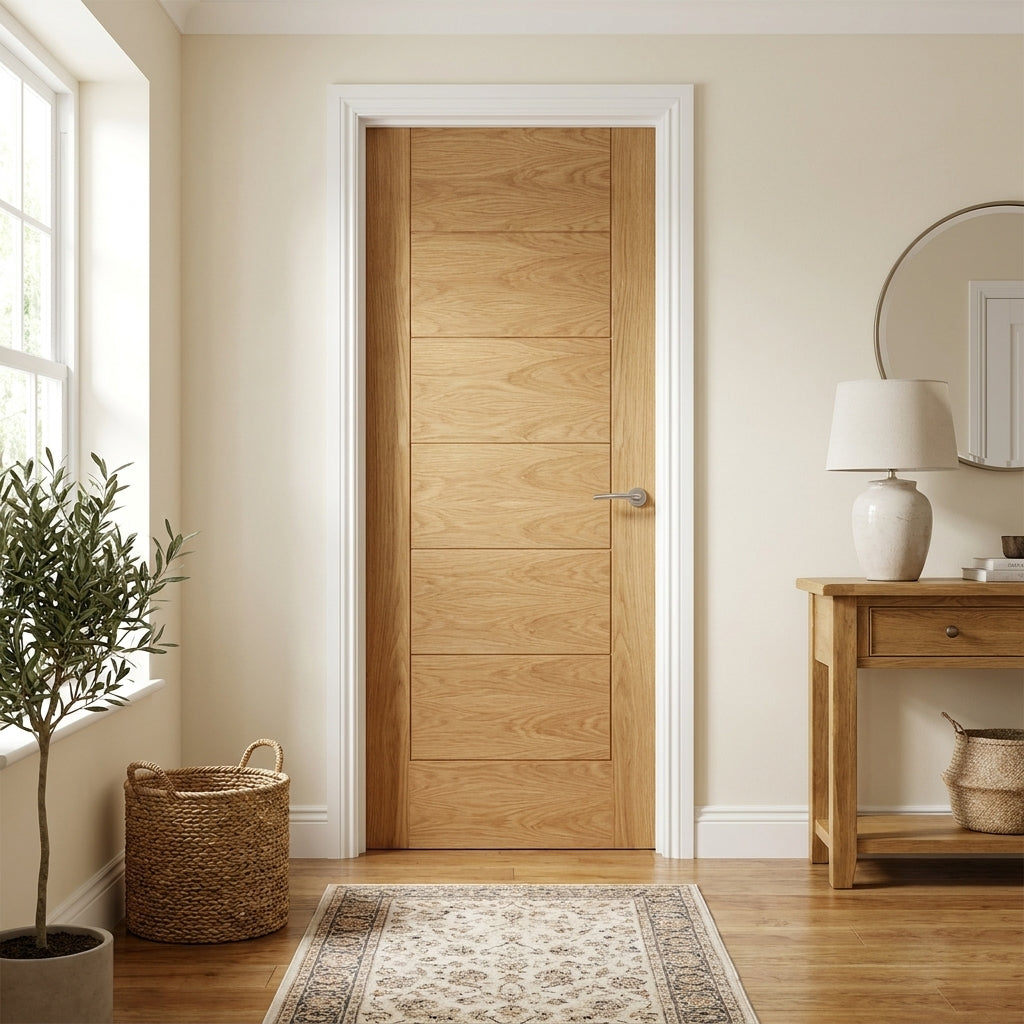 Internal Oak FD30 Fire Door Fully Finished Pedrena 7 Panel Solid Core