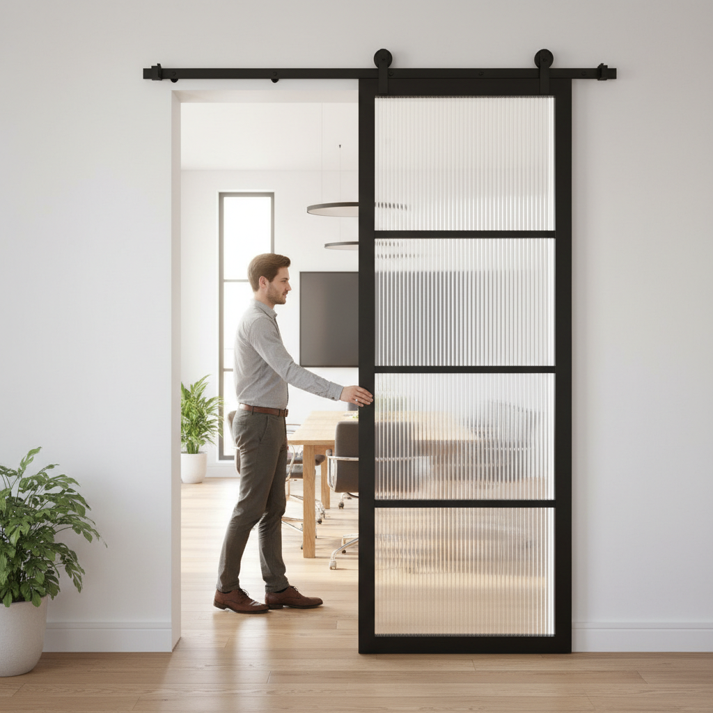 Premium Reeded Glazed Sliding Door with Black Track - Space-Saving Rustic Design for Interior Spaces