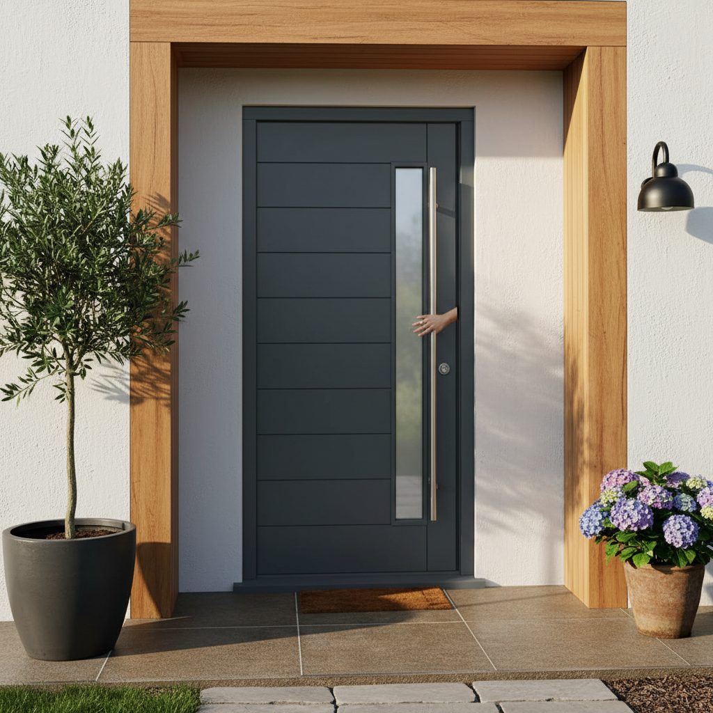 Premium Hardwood External Door with Slim Obscure Glass Panel and 1400mm Pull Handle - Anthracite Grey Finish