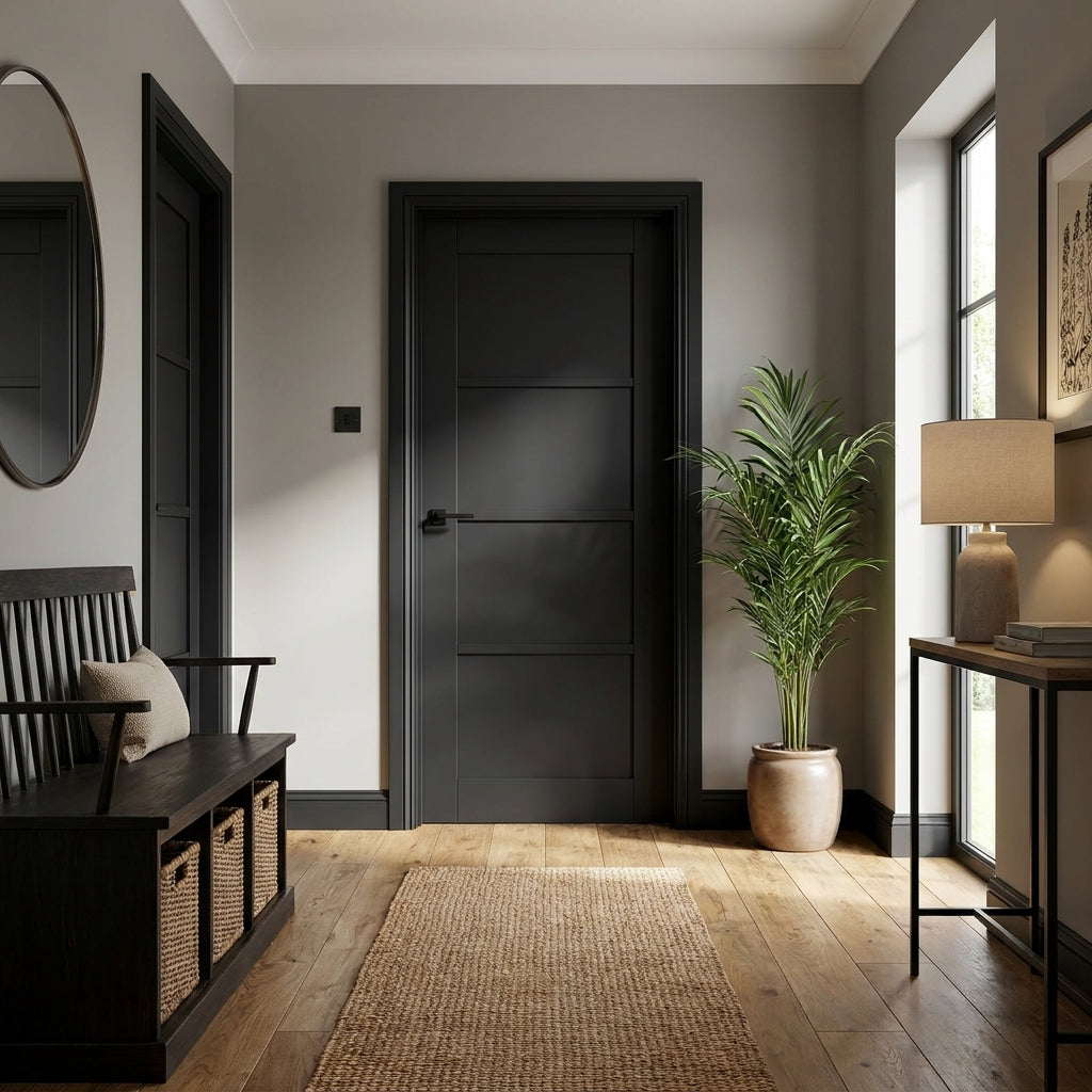 FD30 Fire Door, Internal, Fully Finished, 4 Panel, Jet Black, Softwood Core