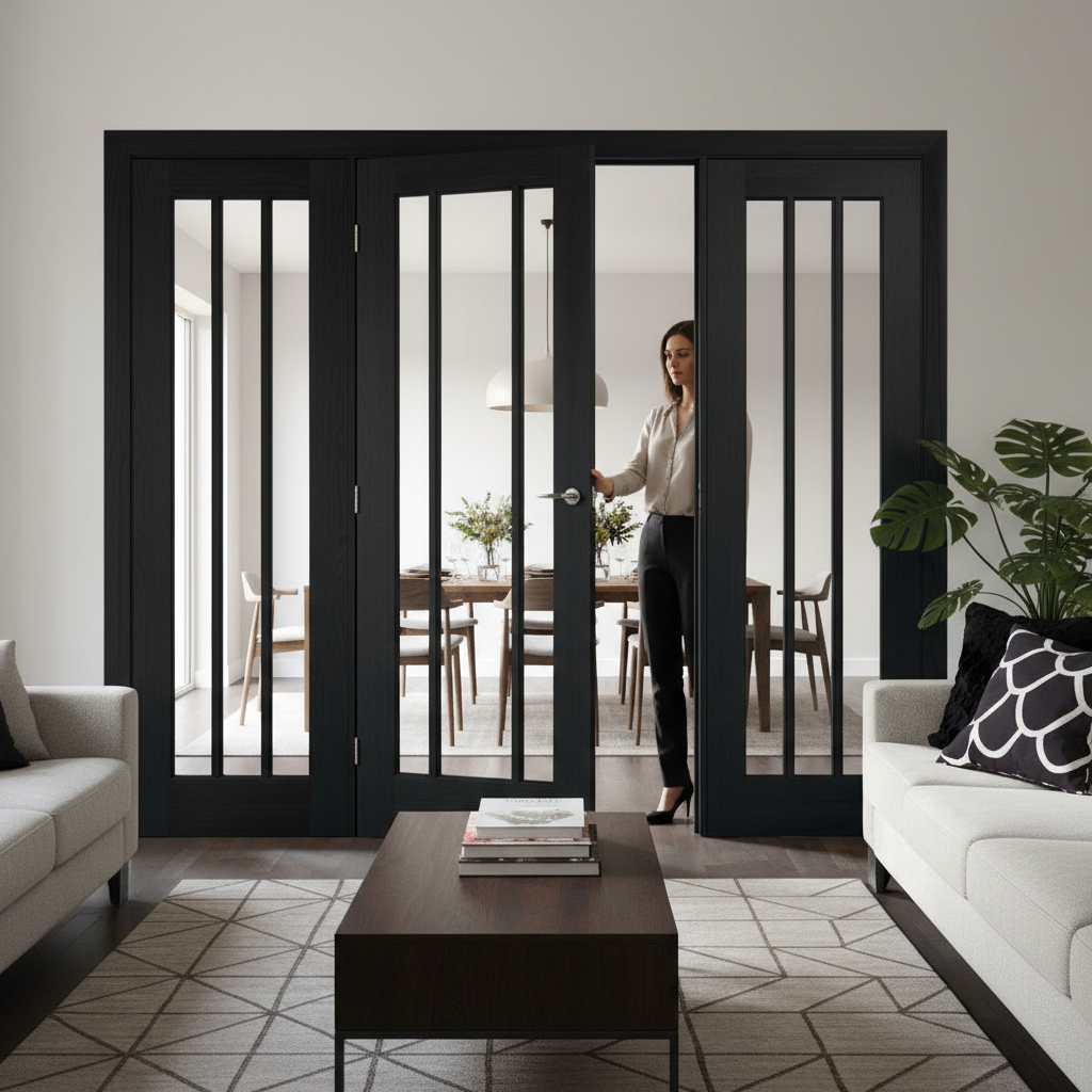 Premium Clear Glazed Brushed Black Oak Room Divider with Side Panels - Custom Sizes Available