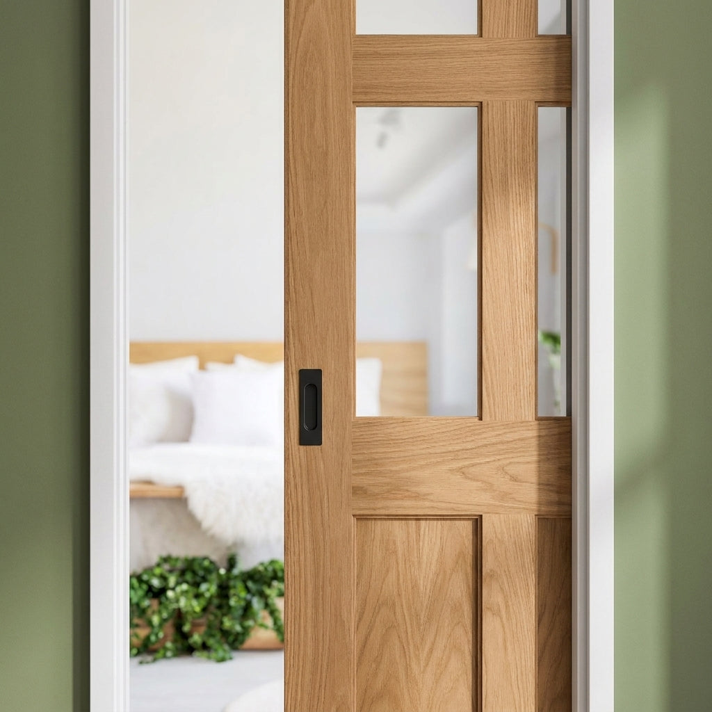 Unfinished Oak Internal Pocket Door Set 2 Panel 2 Light Clear Glass 100mm - detail view