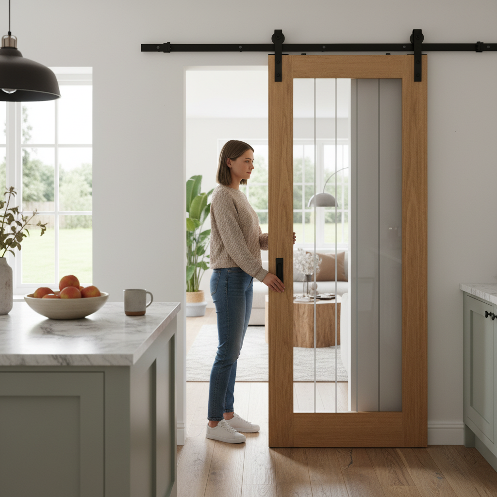 Oak Internal Sliding Door with Obscure Lined Clear Glass and Black Top Mounted Kit for Contemporary Home Design - Image 2