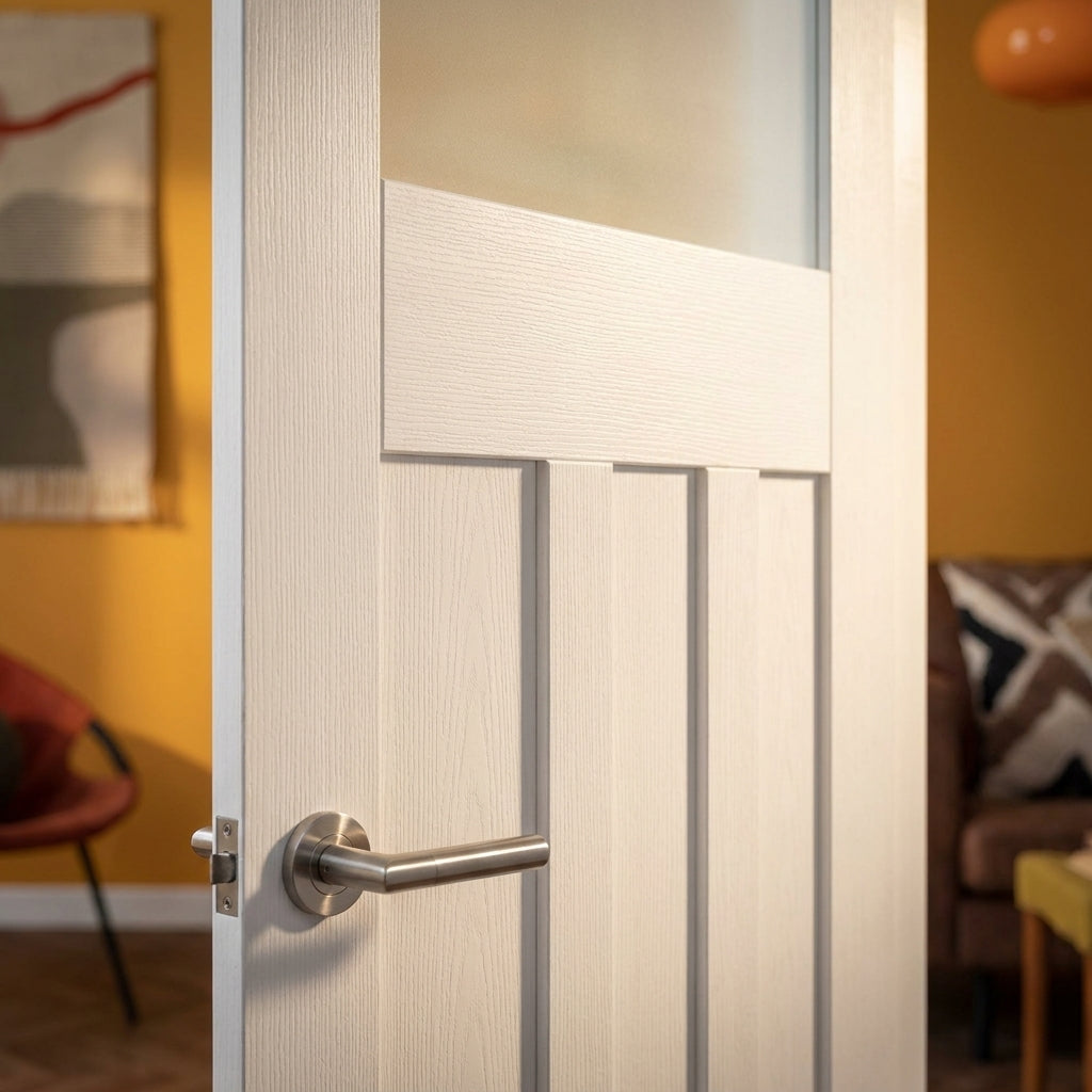 Made-to-Measure Internal White Door, Primed Finish, 1930's 3 Panel with 1 Light Obscure Glass - detail view