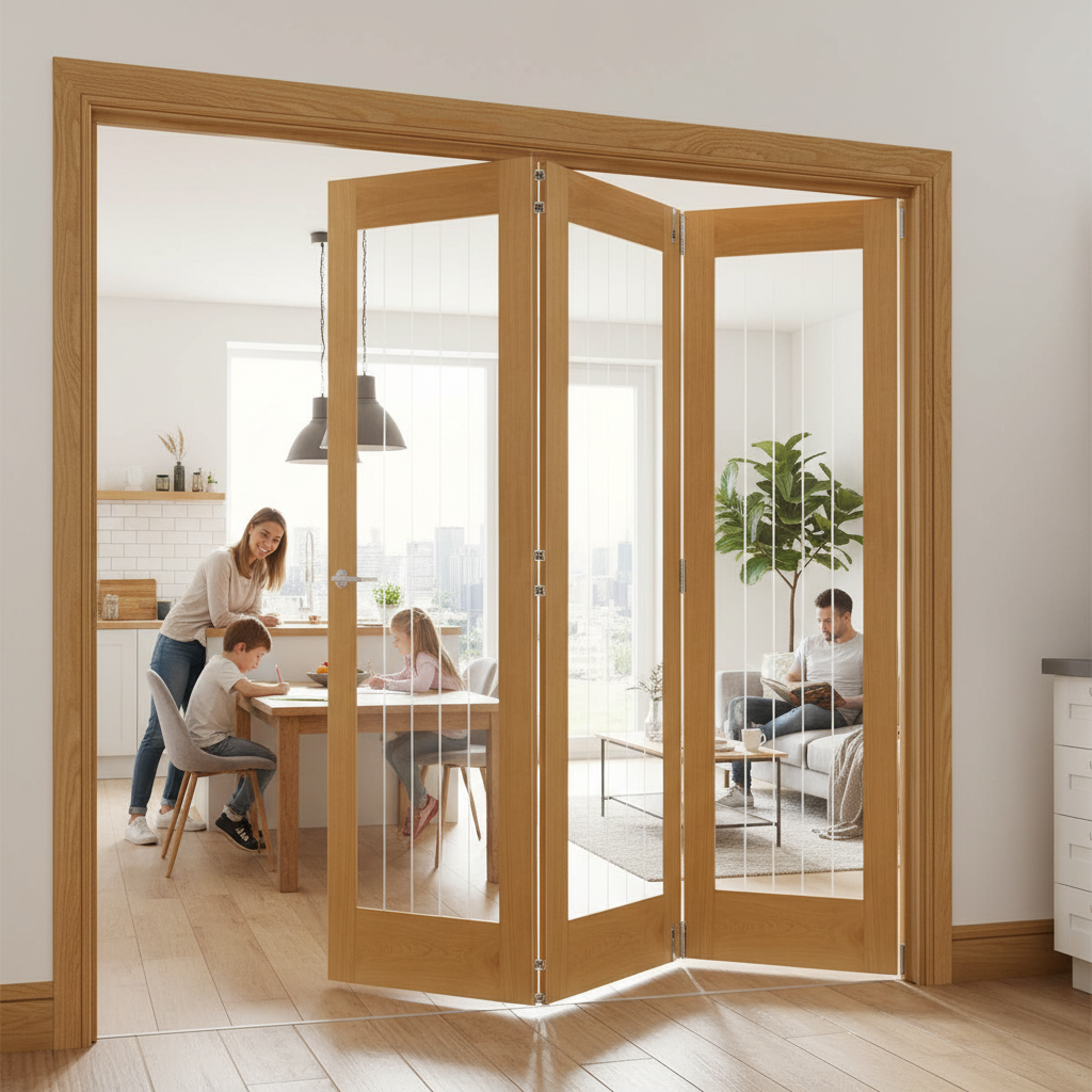 Premium Clear Glazed Bi-Folding Room Divider with Oak Frame and Tempered Glass - Versatile Space Solution