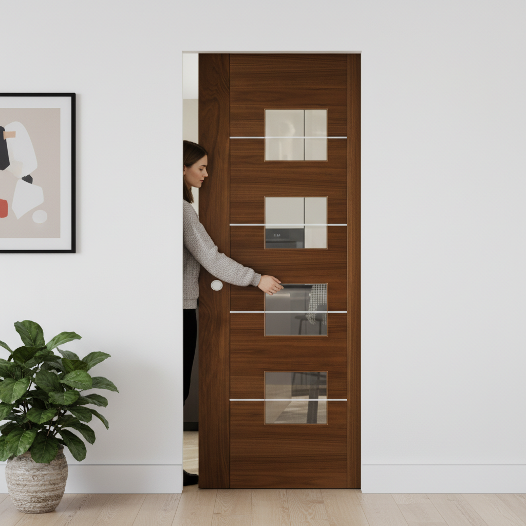 Premium Walnut Glazed Flush Pocket Door Set with Modern Design and No Bottom Track for Space-Saving Solutions