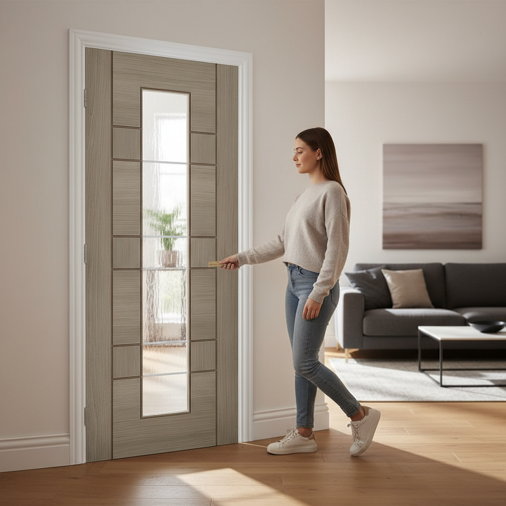 Premium Light Grey 1L Glazed Internal Door with V Cut Grooves and Clear Glass Finish
