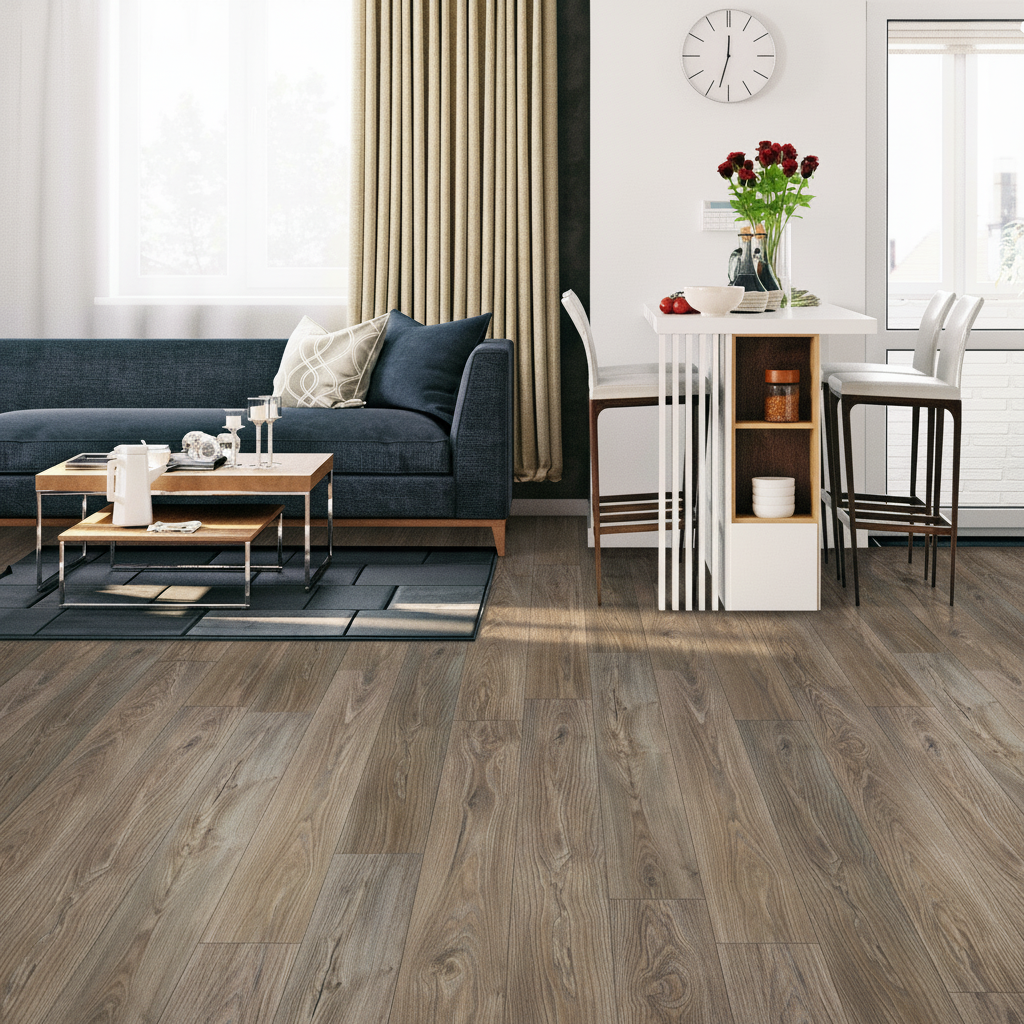 Premium 8mm Embossed Laminate Flooring in Twilight Oak Color - Water-Resistant Surface for Kitchens and Bathrooms
