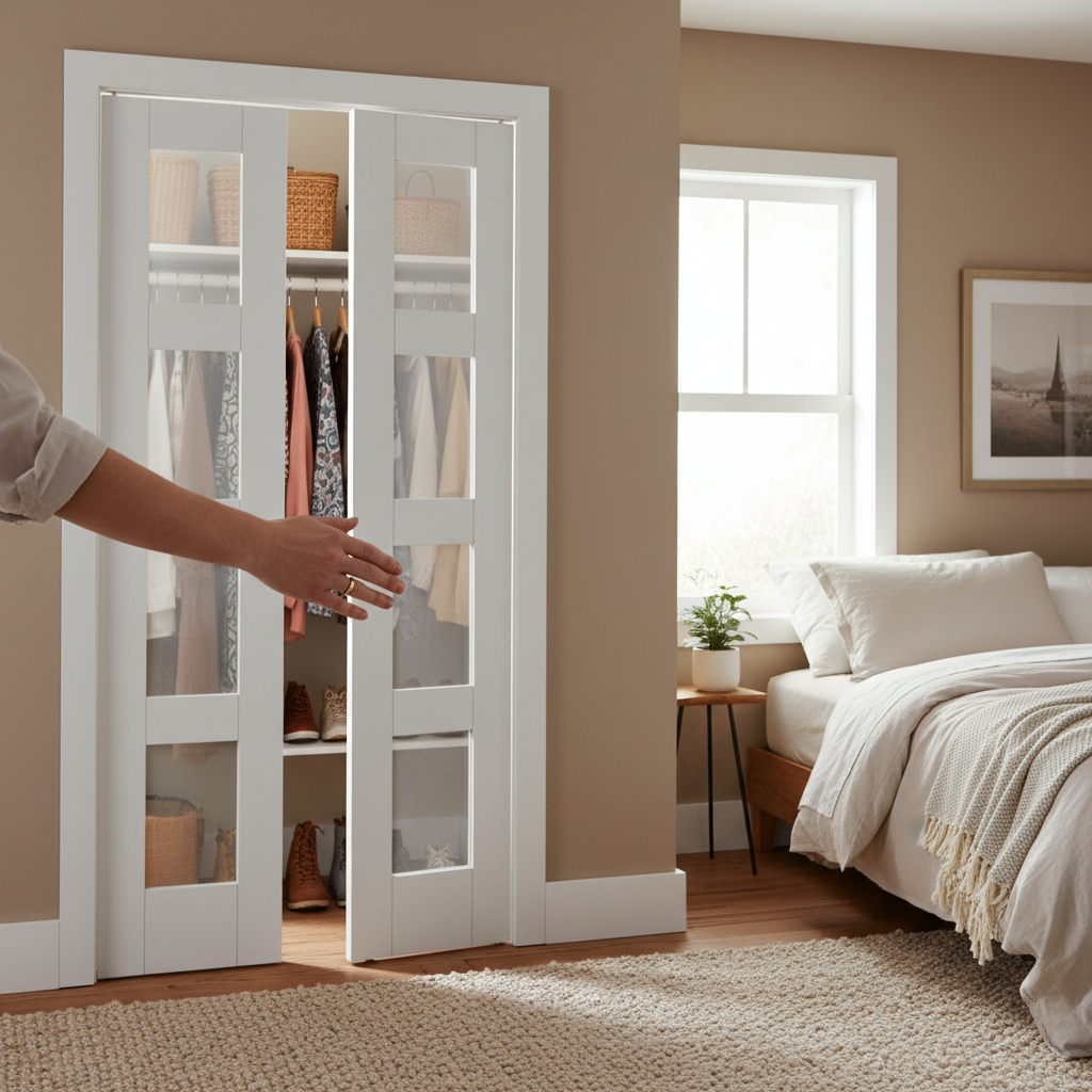 Premium Bifold Door with Full Recessed Glass Panels and Solid Core Construction for Easy Installation