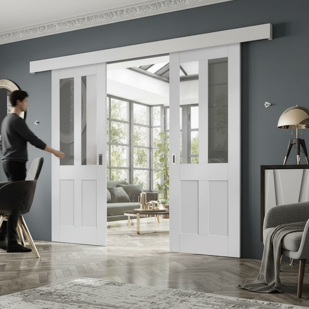 Premium Double Sliding Door System with Clear Glazed Doors, Track, and Pelmet - Ideal for Internal Use