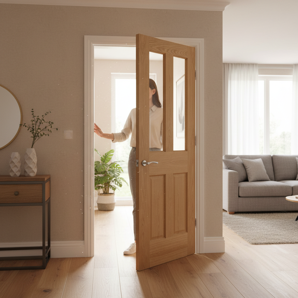 Premium Fully Finished Oak Glazed Internal Door with Clear Bevelled Glass and Engineered Construction for Enhanced Stability