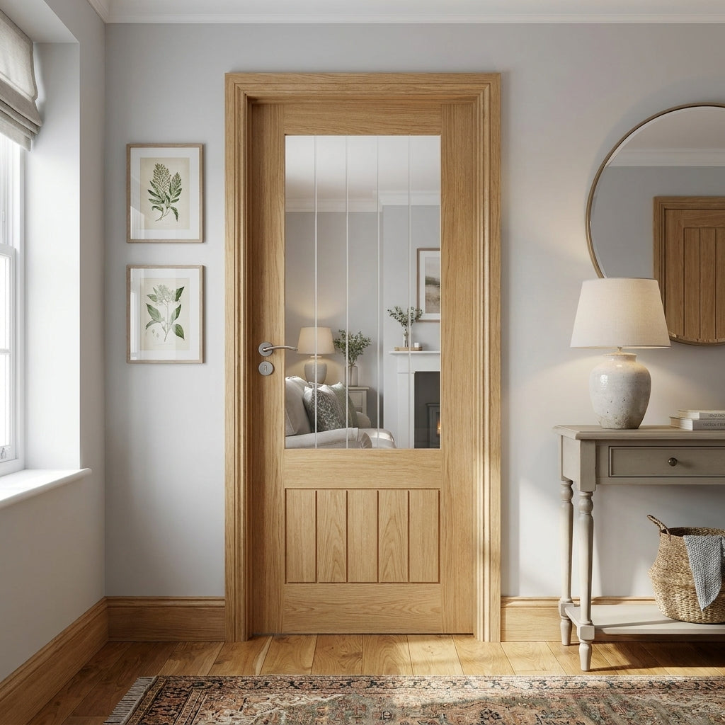 Internal Oak Door, Unfinished, Farley 1 Panel with 1 Light Obscure Glass, Made-to-Measure