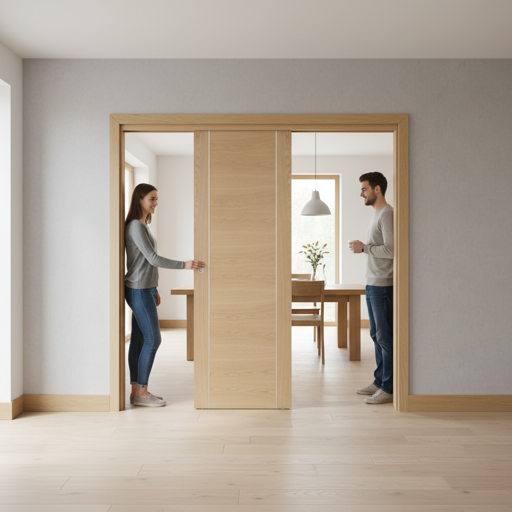 Premium Double Door Pocket Door System with Oak Panels and Galvanized Steel Frame for Seamless Interior Design