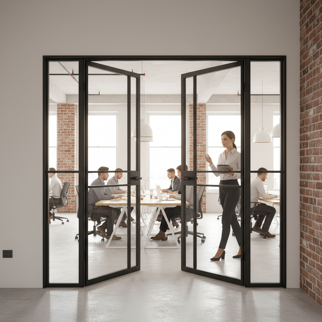 Premium Industrial Style Offset French Doors with Side Panel - Modern Design and Versatile Size Options