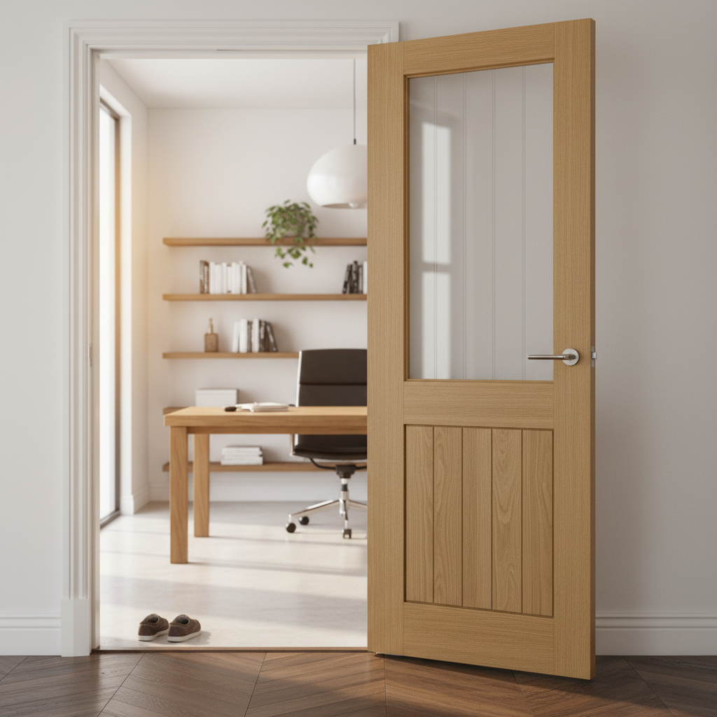 Premium Unfinished Internal Door with Etched Glass Panel and Solid Core Construction for Strength and Stability