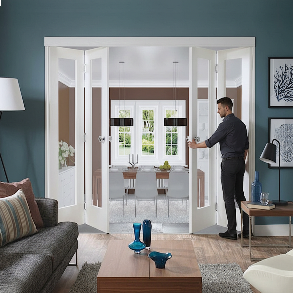 Premium White Freefold Interior Folding Door System with Clear Glazed Doors and Versatile Room Configuration Options