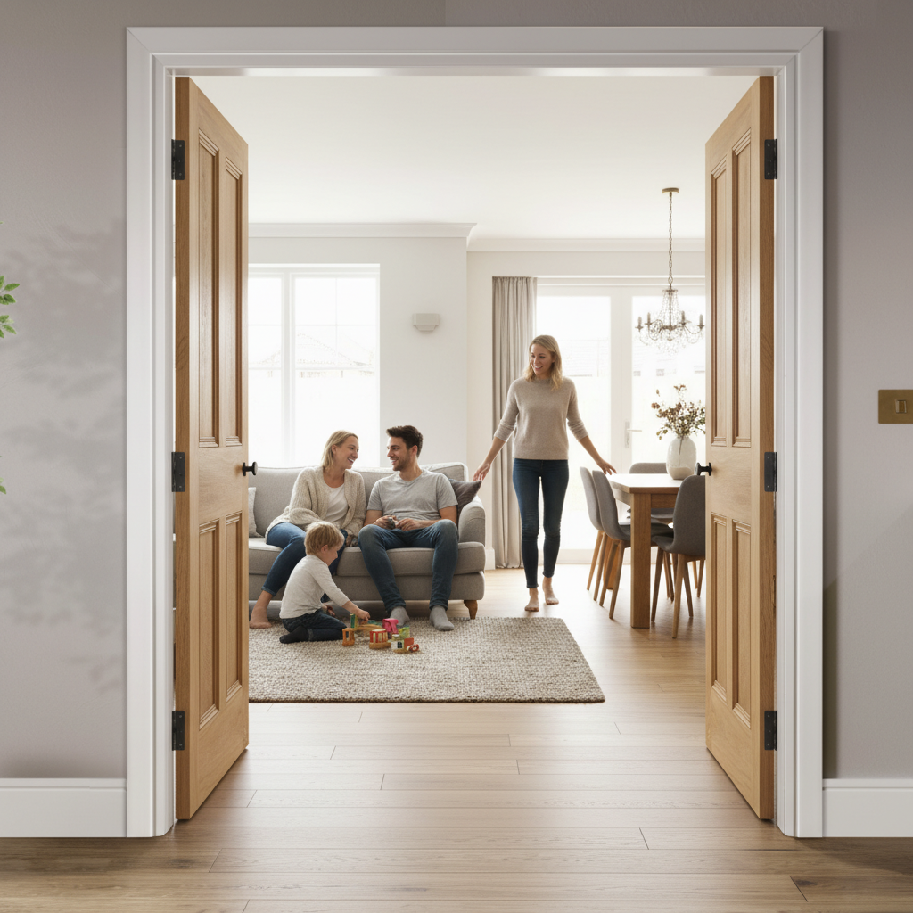 Premium Oak Flat Panel 4P Double Pocket Door Set with Steel Frame and Adjustable Components