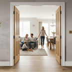 Premium Oak Flat Panel 4P Double Pocket Door Set with Steel Frame and Adjustable Components