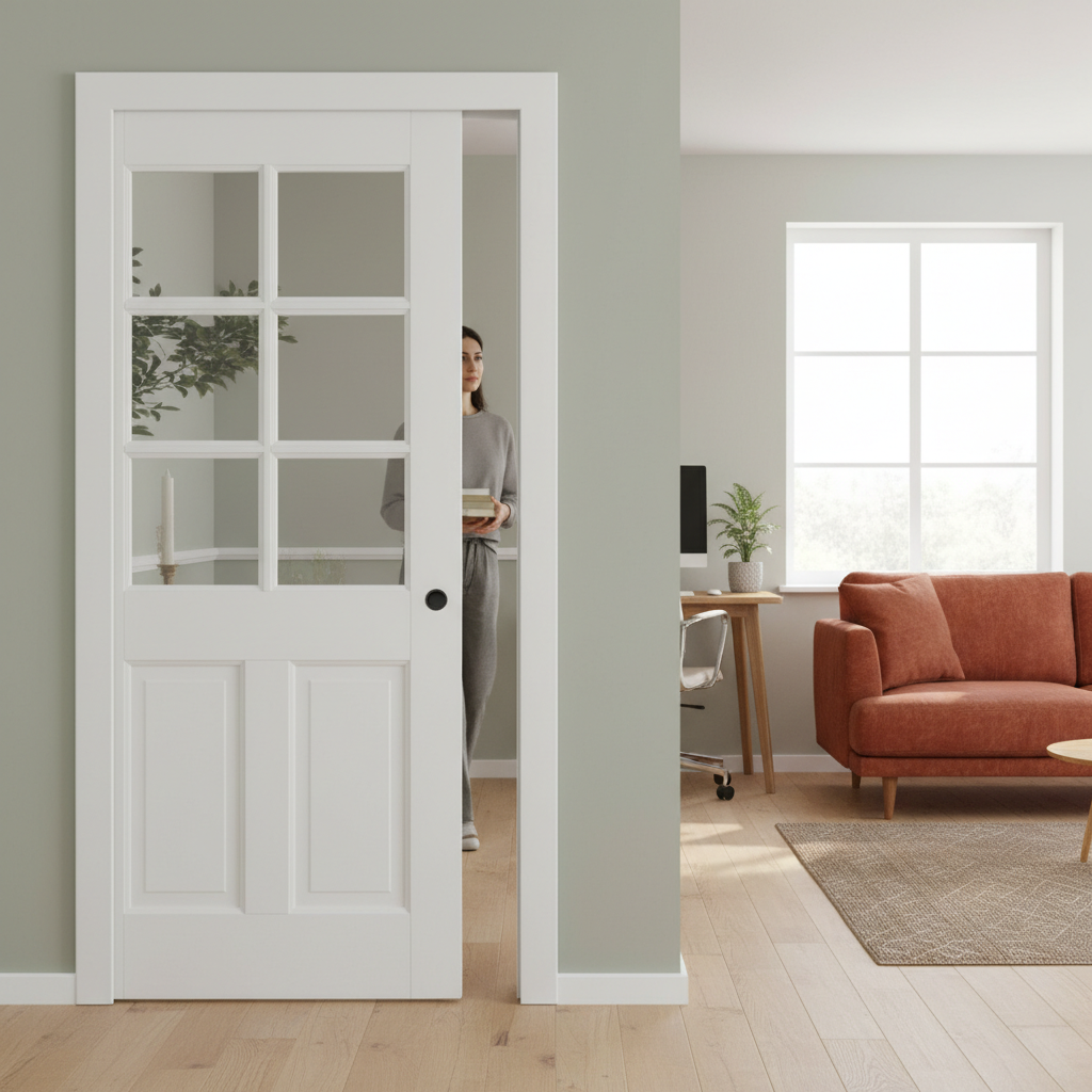 Premium Solid White Pocket Door Set with Glazed Panels, Galvanised Steel Frame, and Adjustable Jambs - Ideal for Space-Saving Elegance