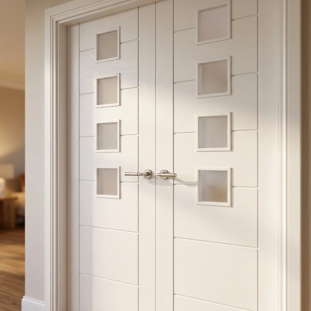 Internal French Door with 4 Light Obscure Glass, White Primed, Semi-Solid Core - detail view